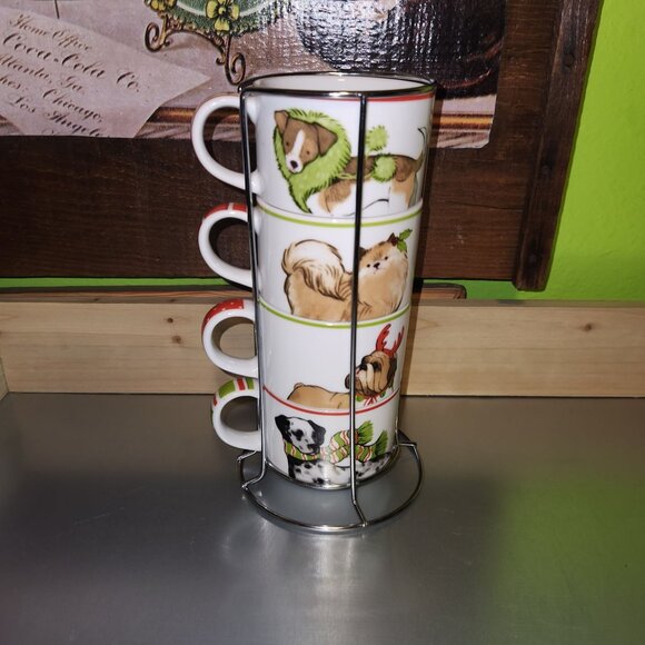Dog-Themed Ceramic Stackable Coffee Mug Set With Metal Stand - Picture 3 of 7